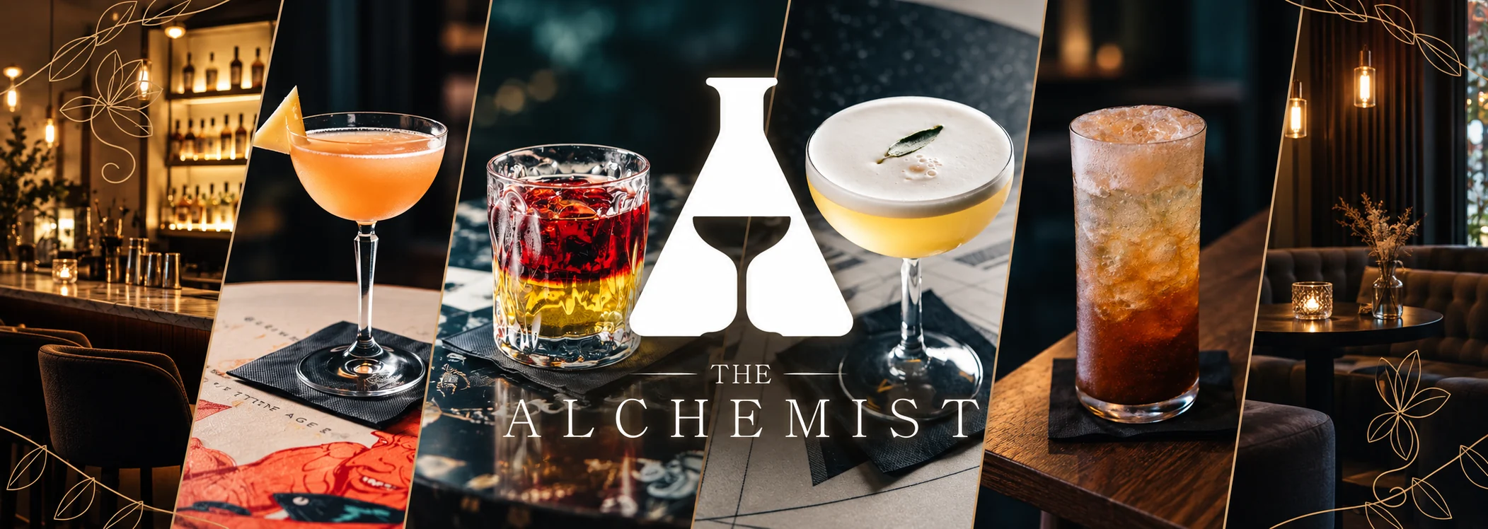 Montaje fotográfico de The Alchemist con el logo y escenas del local.